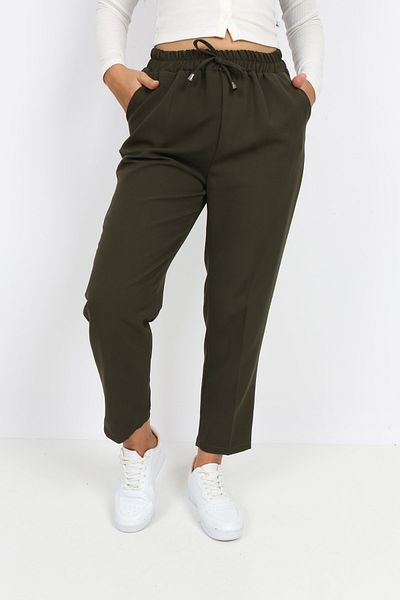 Transacoustic Women's Khaki Double Fabric Elastic Waist Slim Leg Trousers