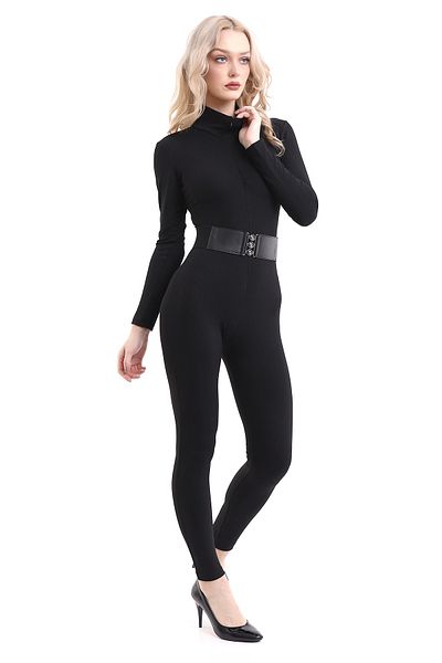 MBYCLUB Women's Black Plain Half Zipper Long Sleeve Sports And Casual Body Jumpsuit