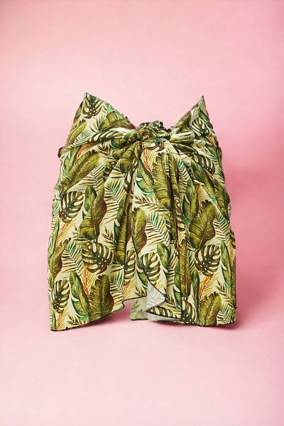 pistore Green Monstera Patterned Short Pareo Satin No Sheer Women's Beach Dress New Season