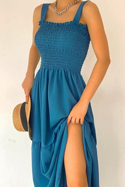 Modaadresiniz Rochie maxi de vară cu talie elastică și bretele groase