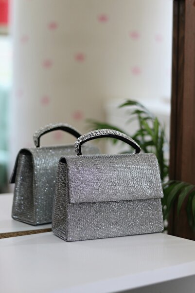 Moom Bag Geantă de umăr pentru rochie de seară, argintie, platină, cu detaliu de fixare