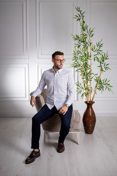 Sarar Cămașă de in albastru închis cu dungi Interview Wraps Artos Slim Fit
