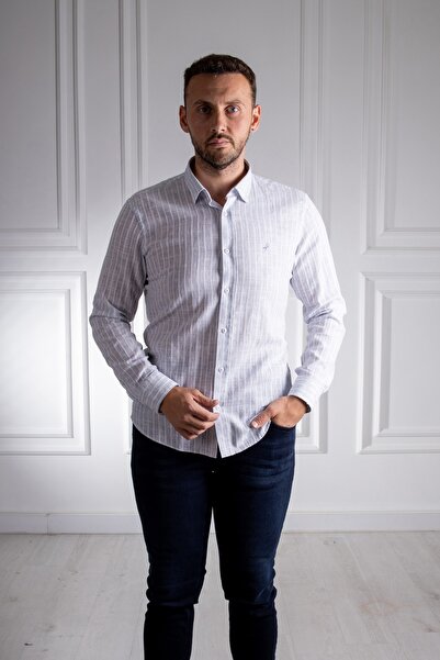 Sarar Cămașă de in albastru închis cu dungi Interview Wraps Artos Slim Fit