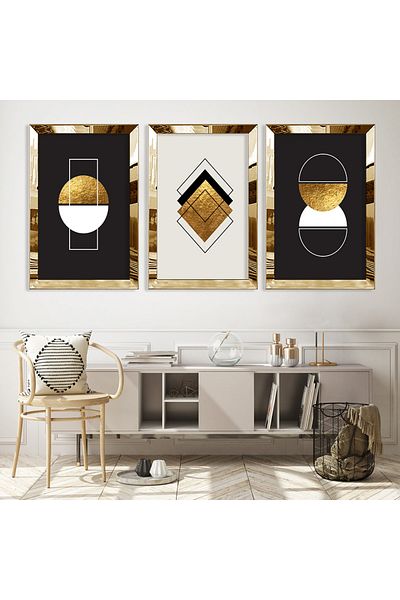 Zevahir Mobilya Dekorasyon Set de pictură MDF triplu cu margini din plexiglas auriu