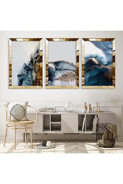 Zevahir Mobilya Dekorasyon Gold Mirrored Plexiglass Framed Collage Drawing Triple Mdf Painting Set