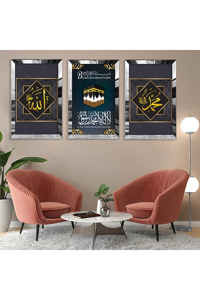 Zevahir Mobilya Dekorasyon Set de picturi din MDF triplu cu cadru din plexiglas cu oglindă argintie Kaaba și Allah Hz Muhammad