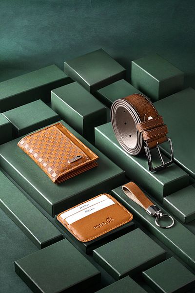 Polo Air Checkerboard Pattern Wallet, Card Holder, Belt Keychain, Combination Tan Set