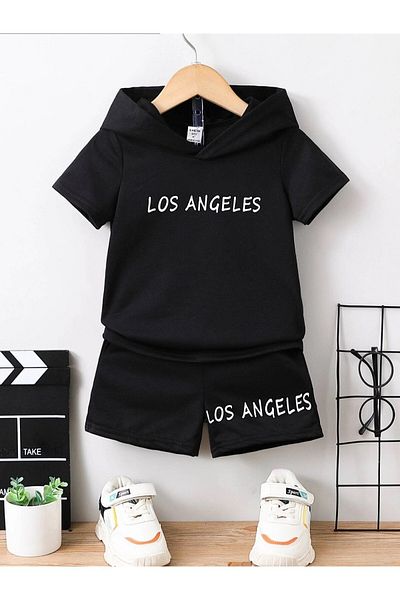 Keywest Set de tricou cu glugă de vară cu imprimeu Los Angeles, pantaloni scurți pentru copii
