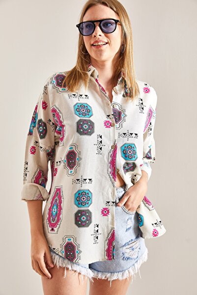 Bianco Lucci Gefaltetes, gemustertes Leinenhemd für Damen