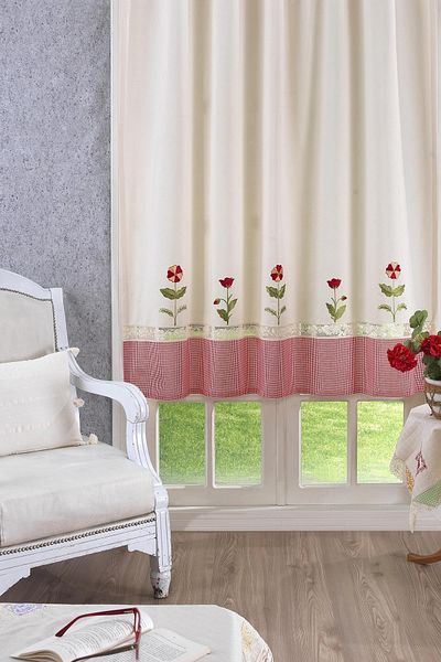 ÖDEL HOME Natural - Red Buldan Fabric Embroidered Lace Curtain