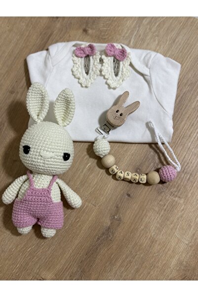 lionworkshopp Yenidoğan set Amigurimi Tavşan Uyku arkadaşı,Emzik zinciri,Toka...
