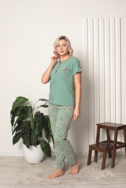 KAPİTEX Kratki rukav Vezena Sklopivi ovratnik sa tri dugmeta, zelena pidžama