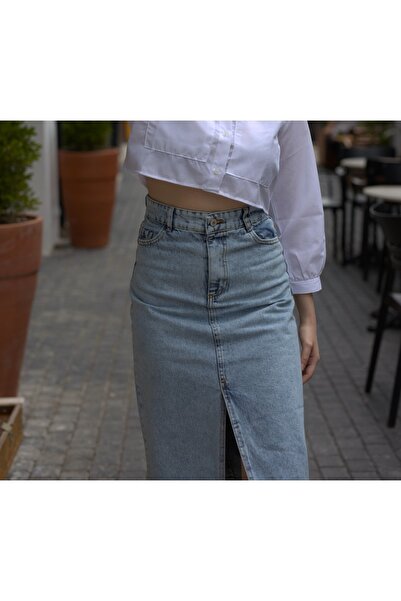 LİMABEL Dámská modrá džínová sukně s vysokým pasem s rozparkem Speciální sněhová modrá džínová sukně