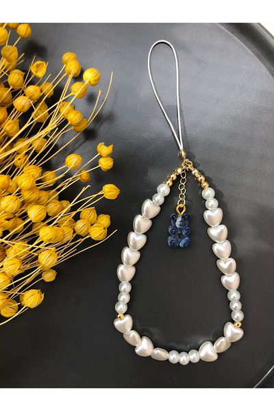 Stoneday Blue Jelly Bear Dangle Gold Detailed Heart Pearl Phone Strap Charm Rope Accessory