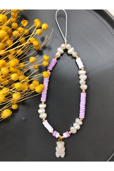 Stoneday White Jelly Bear Figured Gold Detailed Lilac White Fimo Bead Phone Strap Charm Rope Accessory