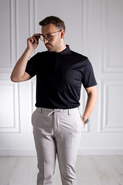 Sarar Μαύρο μπλουζάκι Polo Neck Classic Fit με τσέπες 100% βαμβάκι