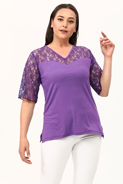 MJORA Μωβ Δαντελένια Μπλούζα με λαιμόκοψη Sweetheart