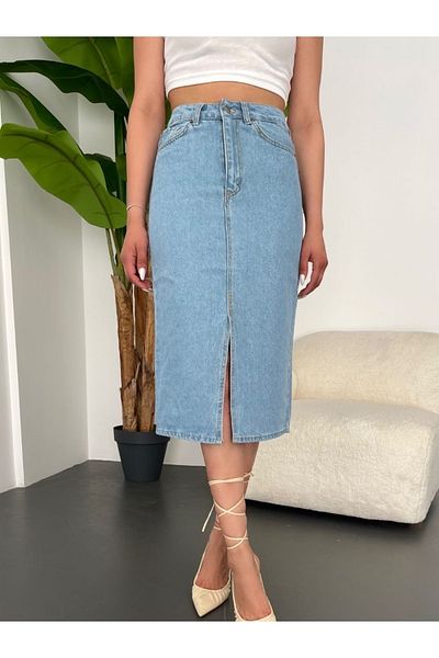 SUDEM BUTİK Sweet Blue Women's Slit Midi Jeans Skirt