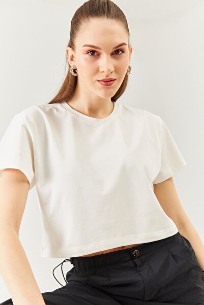 Butikgiz Λευκό Oversize Άνετο μπλουζάκι από 100% βαμβακερό χτενισμένο Crew λα...