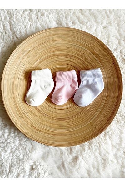 YETİŞ BABY 3 Pack Newborn Curled Baby Socks, 0-6 Months Blue, Cream, White Cotton Socks