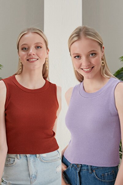 CATSPY Дамска блуза от 2 части с къс халтер яка в теракотено-лилав цвят