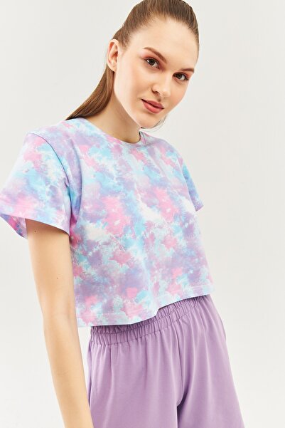 Butikgiz Μπλουζάκι Batik Aqua Oversize Άνετο 100% βαμβάκι με χτενισμένη λαιμόκοψη με κοντό μανίκι Basic Crop