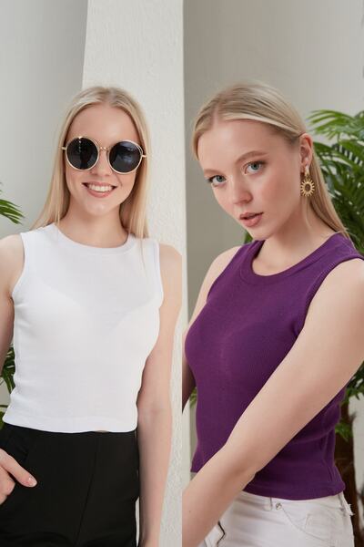 CATSPY Дамска бяла лилава блуза с деколте от 2 части