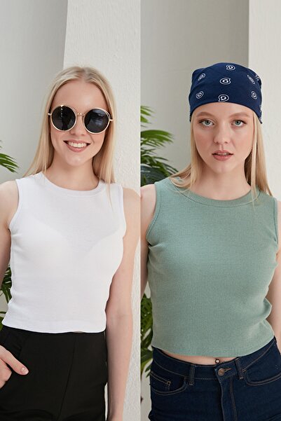 CATSPY Γυναικεία μπλούζα με λαιμόκοψη 2 τεμαχίων λευκή μέντα