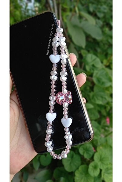 Atolye Ferda Şeffaf Ayı Ve Kalp Figürlü Incili Telefon Charmı Telefon Ipi