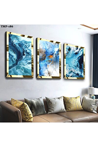 Zevahir Mobilya Dekorasyon Blue Colored Triple Mdf Table Set with Gold Mirror...