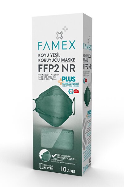FAMEX N95 Ffp2 Koruyucu Maske Koyu Yeşil Renk 10 Adet Tekli Paket Fish Modeli