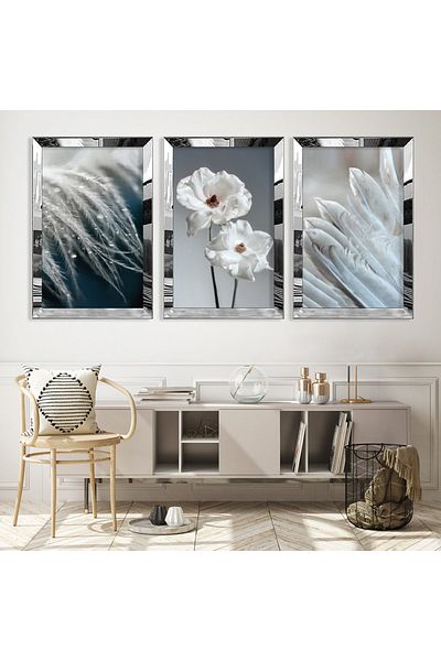 Zevahir Mobilya Dekorasyon Silver Mirrored Plexiglass Framed Collage Drawing Triple Mdf Painting Set
