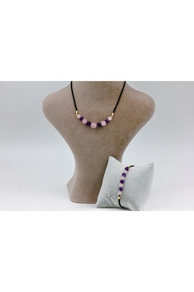 MYTAKIAĞACIMFH Amethyst Stone - Pink Quartz Stone String Necklace and Bracelet Set (ADJUSTABLE)