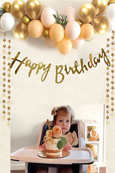 Parti dolabı 7 Somon 3 Krom Gold 3kum Rengi Pastel Balon Gold Happy Birthday Banner Yıldız Mini Zincir Balon Seti