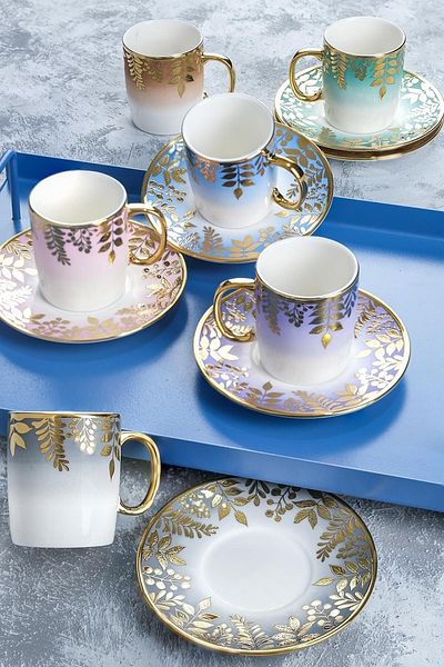 ACAR Adelina Flower Pattern Gold Gilt Colored 90 ml Coffee Cup Set for 6 Persons 0227
