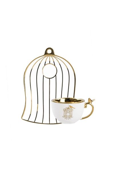 ACAR White Gold Single Turkish Coffee Cup with Bird Cage