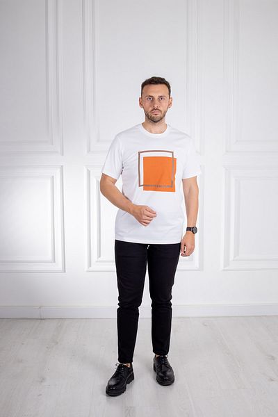 Sarar İnterview Wrap O Neck Basic Printed 100% Cotton White Orange T-Shirt