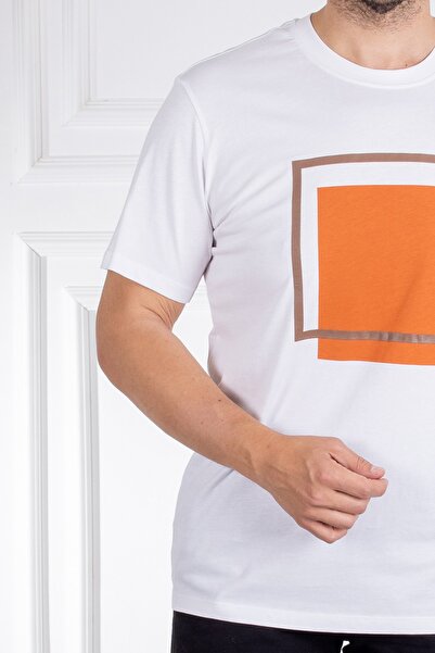 Sarar Επισκέψτε το μπλουζάκι με λαιμόκοψη Basic με στάμπα 100% βαμβακερό λευκό πορτοκαλί