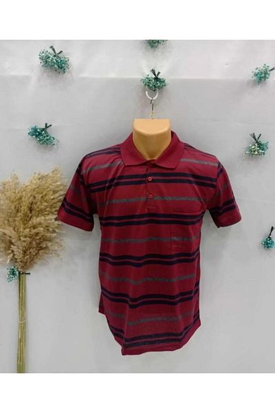FATELLA Men's Father Model Polo Collar Combed Cotton Line Patterned Tshirt Father's Day