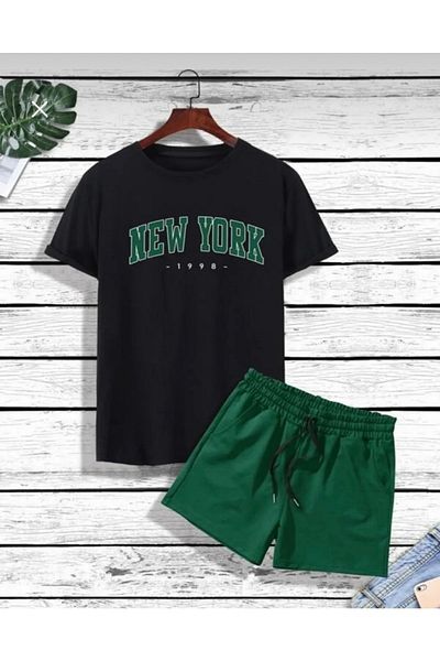 Josette Unisex Black Green New York Printed Bottom Top Shorts T-shirt Set