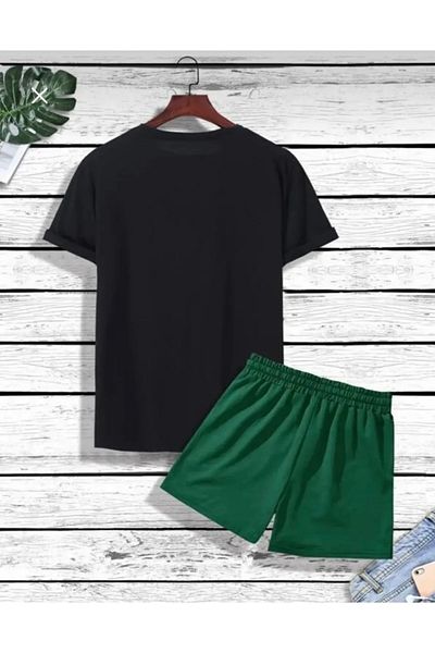 Josette Unisex Black Green New York Printed Bottom Top Shorts T-shirt Set