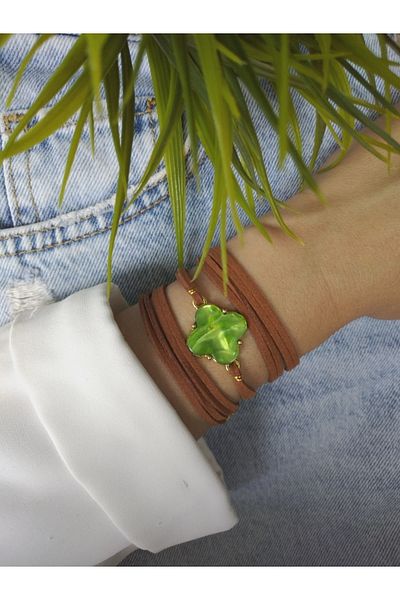 ZeynDesign Brown Clover Wrap Bracelet with Pearl Stones