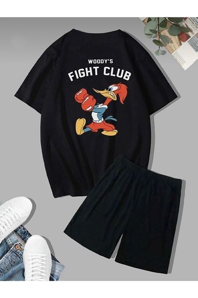 MODARİCH شورت تي شيرت Fight Club - تي شيرت أسود مع شورت علوي وسفلي مطبوع برقبة دائرية كبيرة الحجم