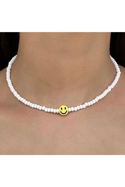 Stoneday White Sand Bead Summer Necklace with Yellow Smiling Face Emoji