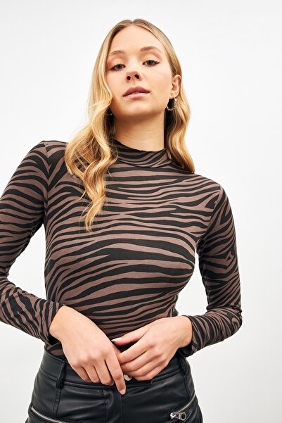 Bukamiss Bluză de damă cu gât roșu cu imprimeu zebră negru-maro