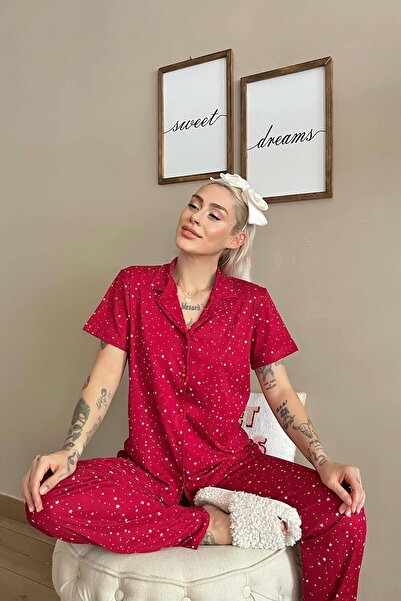 Pijamaevi Red Star Patterned Knitted Front Buttoned Short Sleeve Women's Pajamas