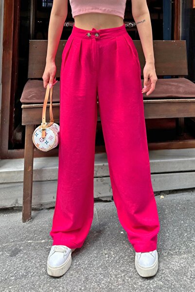 Swist Pink Double Buttoned High Waist Women's Palazzo Linen Trousers