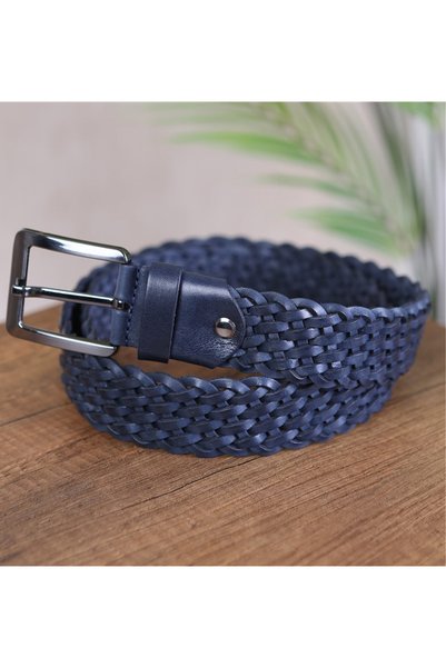 KASVA DERİ Navy Blue Knitted Genuine Leather Belt 4 cm