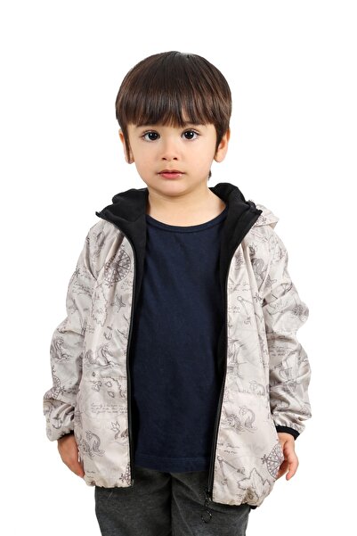 freemen Boy's Beige Compass Patterned Raincoat with Fleece Inside, Fur, Water and Wind Resistant Hooded Pocket