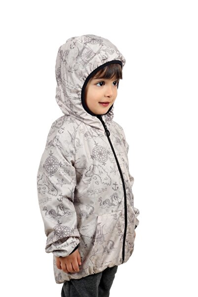 freemen Boy's Beige Compass Patterned Raincoat with Fleece Inside, Fur, Water and Wind Resistant Hooded Pocket
